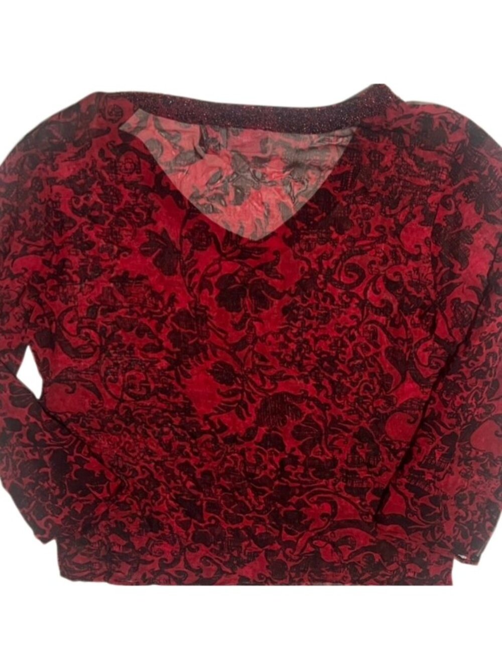 Chico's Deep Red & Black Beaded V Neck Long Sleeves Sheer Silk Top Size Large - Picture 3 of 10